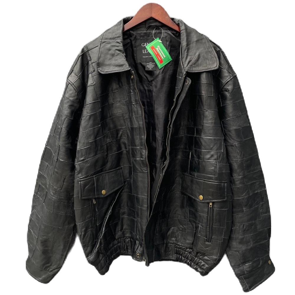 New Giovanni Navarre Genuine Leather Patchwork Black Bomber Zip Up Jacket
